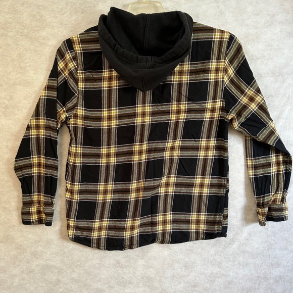 No Boundaries Mens Flannel Hooded Shirt Oversized Fit Black Brown Plaid Large - Picture 2 of 5